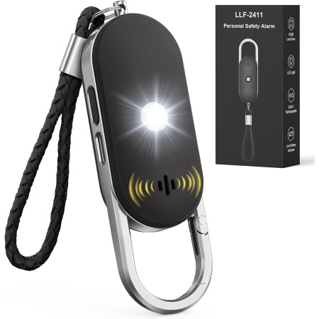 ISEYOU Allarme Personale Antiaggressione, Allarme 130dB Ricaricabile Sirena con LED Luce Stroboscopica Portachiavi Difesa Personale - Dispositivo di Sicurezza di Emergenza per Donne/Bambini/Anziani-Nero