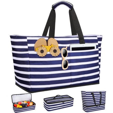 ISEYOU Borsa Mare Donna Grande XXL con Borsa Frigo Staccabile, Borsa Spiaggia Famiglia 49L Impermeabile alla Sabbia con Cerniera, Pieghevole e Leggera Borse Tracolla Per Viaggio, Piscina & Palestra