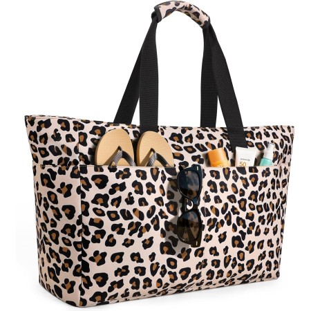 ISEYOU Borsa Mare Grande XXL Famiglia, Borsa Spiaggia con Chiusura Zip e Impermeabile, Leggera e Pieghevole, Multitasche ad Ampia Capacità Borsello Tracolla Donna per Shopping, Viaggio, Campeggio-Leopardo