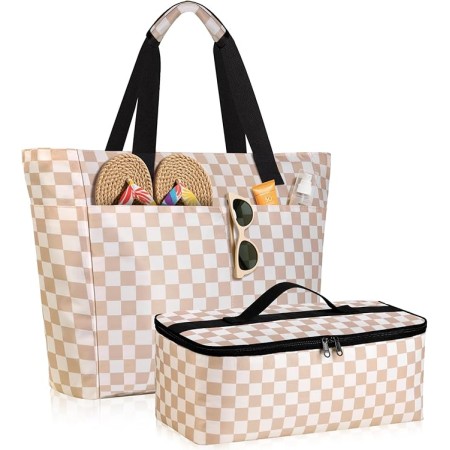 ISEYOU Borsa Mare Donna Grande & Borsa Frigo di Set, Borse Mare Resistente all'Acqua da 45L con Chiusura a Cerniera, Borsa Spiaggia XXL Famiglia Pieghevole, con 8 Tasche per Piscina, Picnic e Viaggi