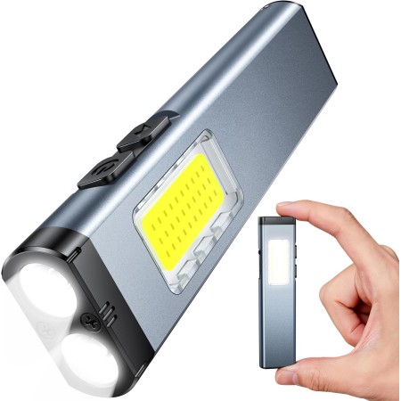 ISEYOU Torcia LED Ricaricabile 800 Lumen, Mini Torcia Tascabile Portatile con Allarme Acustico, Clip & Base Magnetica, 7 Modalità EDC Flashlight a Doppia Sorgente Luminosa per Esterni/Casa/Emergenze