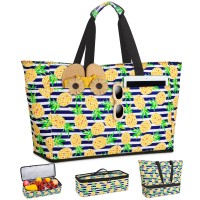 ISEYOU Borsa Mare Donna Grande XXL con Borsa Frigo Staccabile, Borsa Spiaggia Famiglia 49L Impermeabile alla Sabbia con Cerniera, Pieghevole e Leggera Borse Tracolla Per Viaggio, Piscina & Palestra-Pineapple