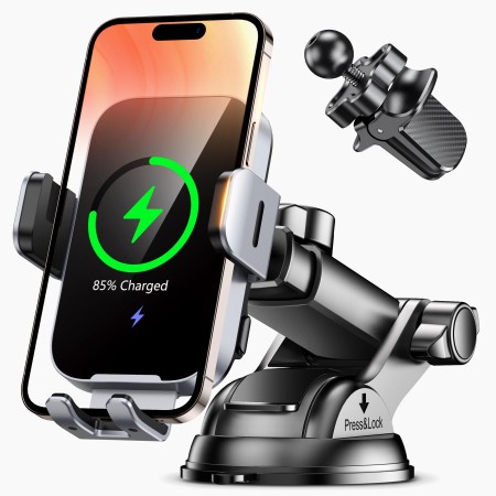 ISEYOU Caricatore Wireless Auto, 15W Supporto Telefono Auto Ricarica Wireless con Auto-Bloccaggio, [Ventosa+Clip] Caricabatterie Wireless Auto Compatibile con iPhone 16 15 Pro Max Plus, Galaxy S22/S23